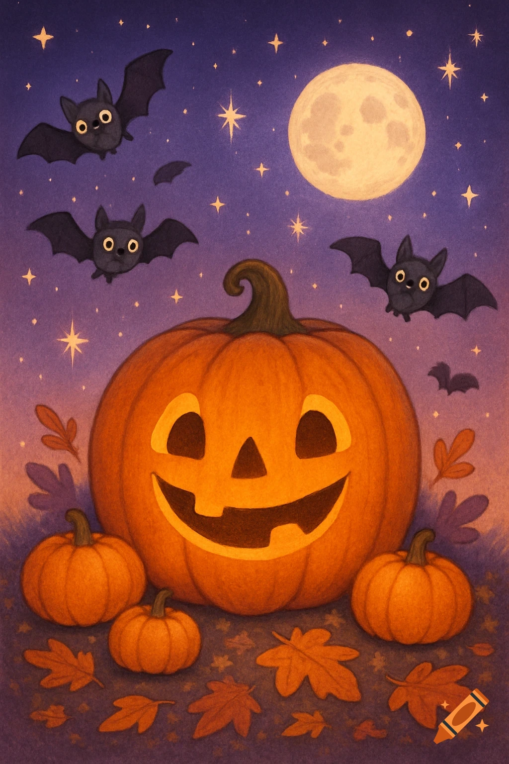 A cute, textured illustration of a smiling jack-o'-lantern surrounded by smaller pumpkins and autumn leaves, with bats flying under a full moon and stars in a purple night sky.