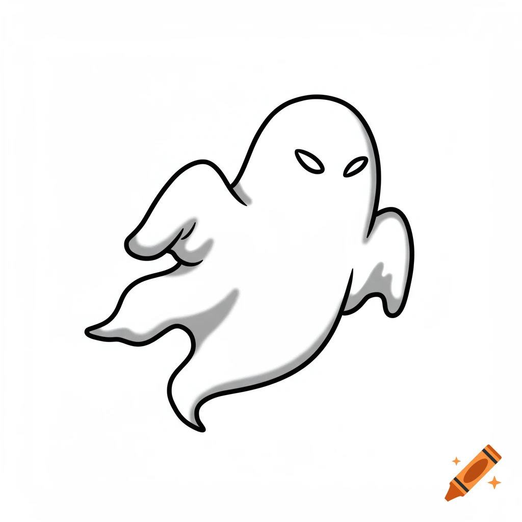 A cartoon white ghost with black outlines and subtle shading, floating on a white background.