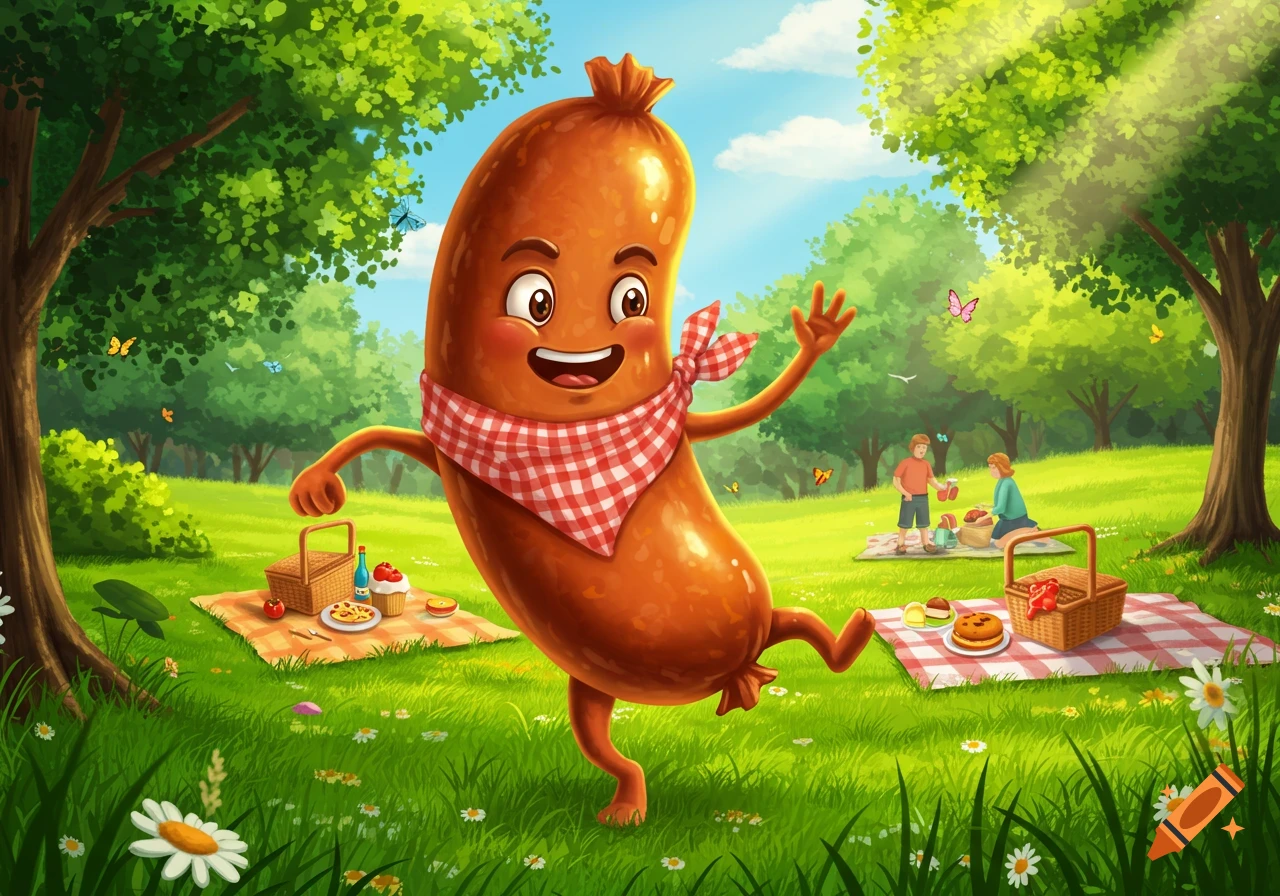 A cheerful cartoon sausage character wearing a red checkered bandana dances in a sunny park with people picnicking.