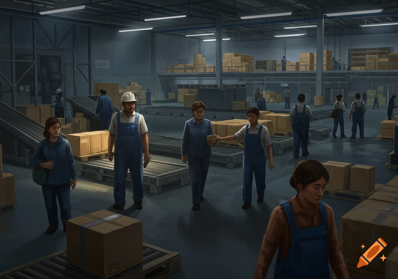 Illustrative depiction of multiple workers in a large warehouse filled with stacked boxes and conveyor belts.