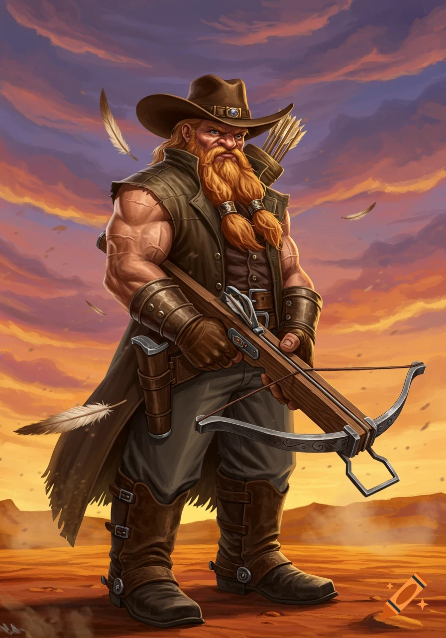 A muscular blonde dwarf ranger in cowboy attire stands holding a crossbow against a vibrant desert sunset background, illustrated in a fantasy style.