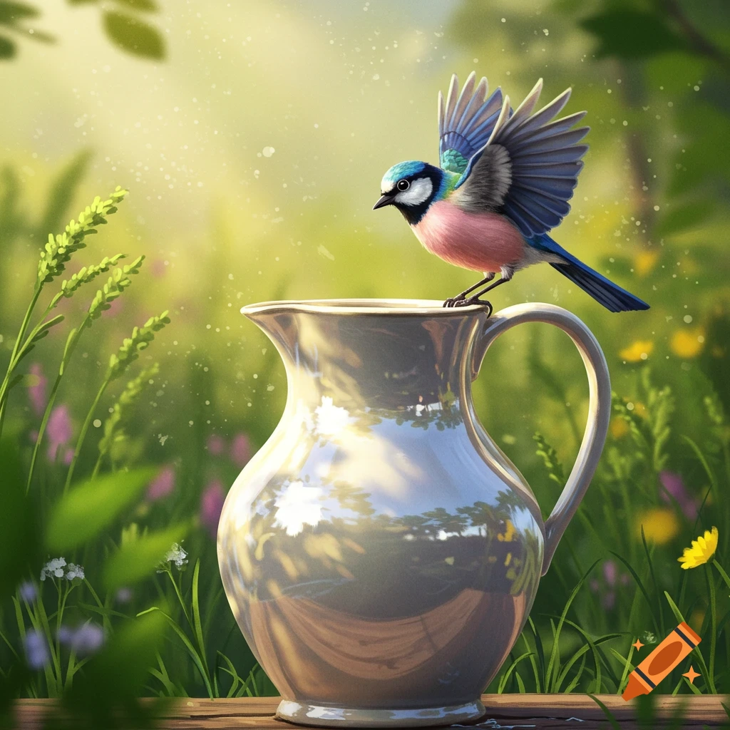 A colorful blue and pink bird with outstretched wings perches on a white ceramic pitcher in a bright, lush green garden.