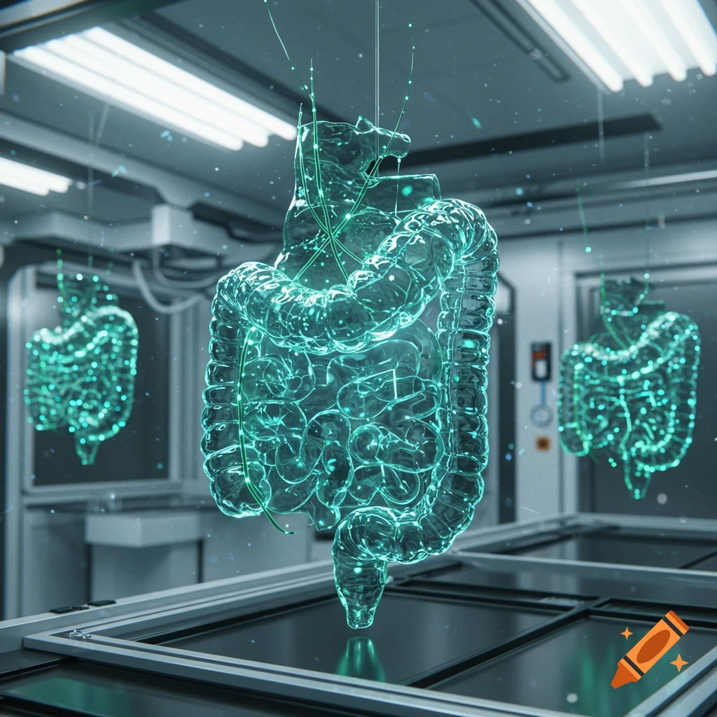 A glowing, translucent 3D model of human intestines hangs in a sterile, futuristic medical lab with other models in the background.