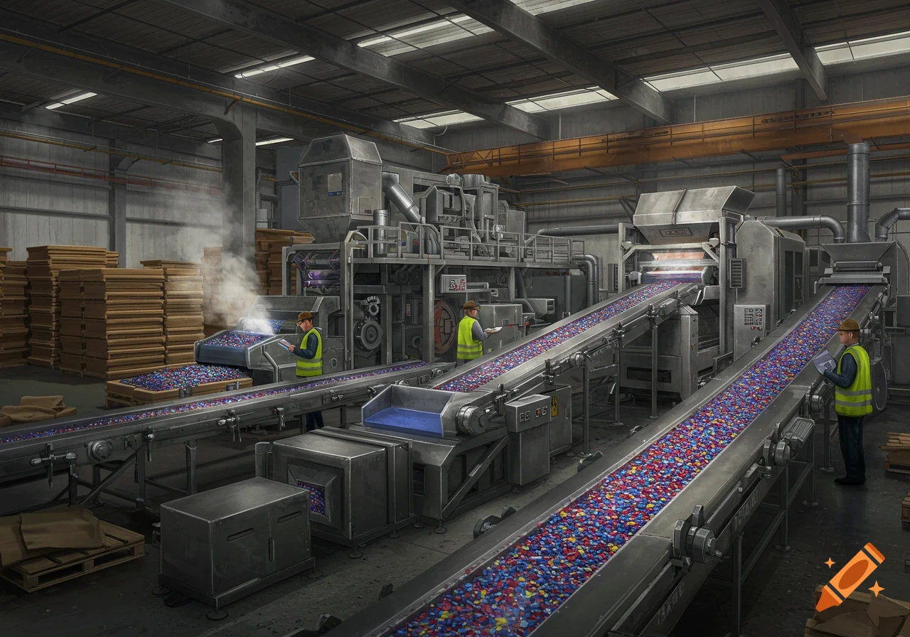 An industrial factory floor with machinery, conveyor belts filled with colorful granules, and workers in safety vests, depicted in a realistic style.
