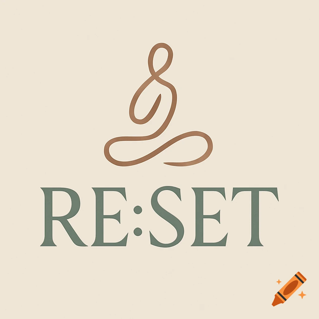A minimalist logo featuring a fluid brown abstract symbol above the green text 'RE:SET' on an ivory background.