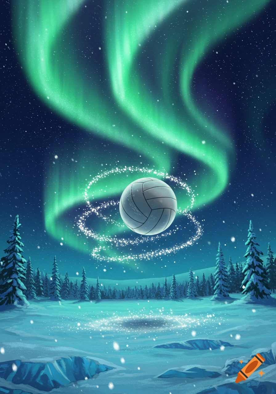 An illustrated volleyball floating in a snowy winter landscape under a green aurora borealis, surrounded by sparkling trails.