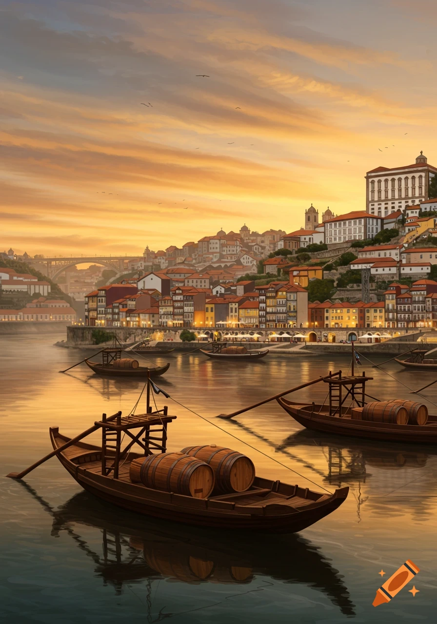 A scenic view of a city built on a hill overlooking a river, with traditional boats laden with barrels on the water under a golden sunset sky.