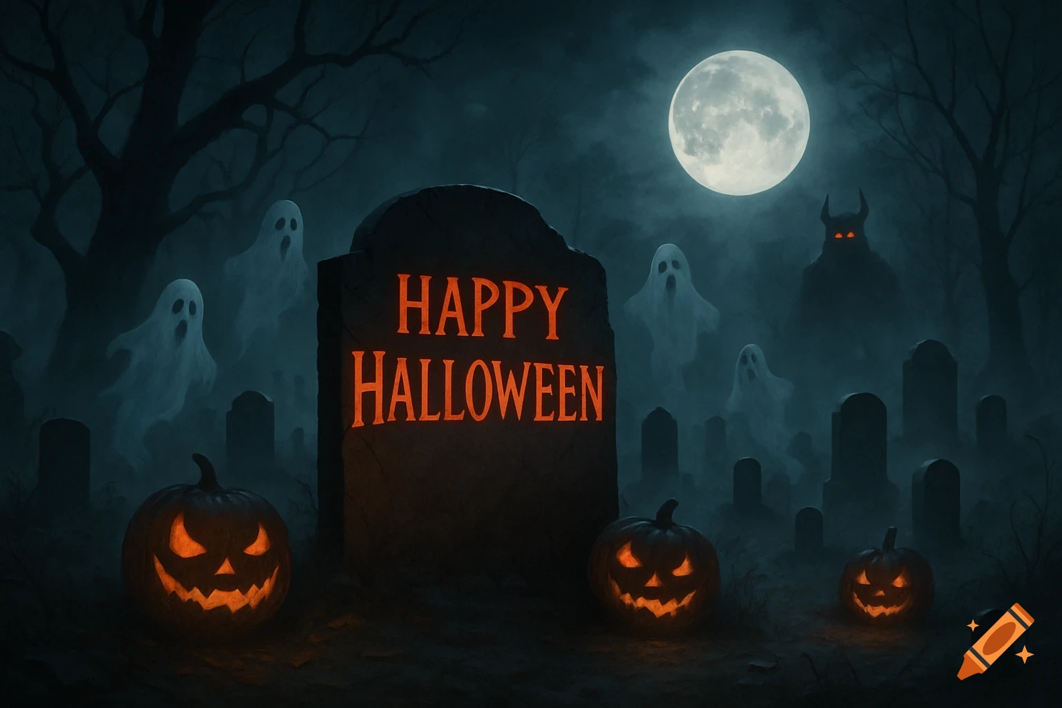 Spooky Halloween graveyard at night with glowing pumpkins, floating ghosts, and 'Happy Halloween' on a tombstone under a full moon.