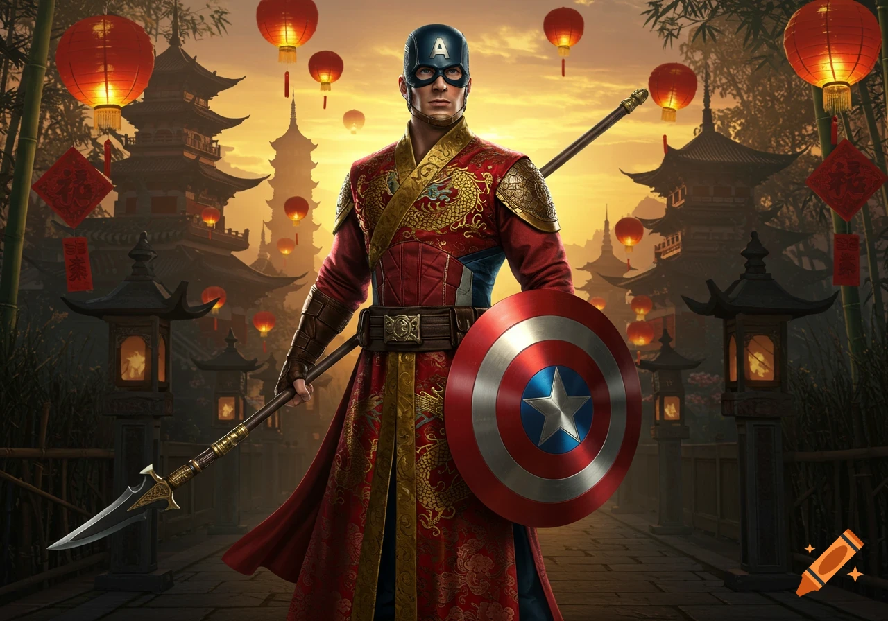 Captain America in a red and gold Chinese-inspired robe, holding a spear and his shield, stands in a path lined with lanterns and pagodas at sunset.