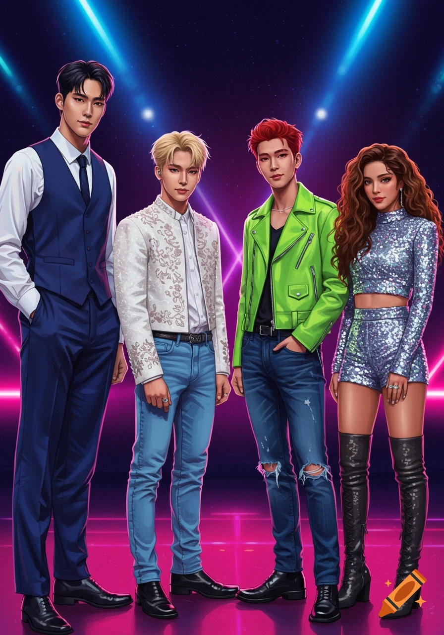 Four stylized K-pop members (three men, one woman) in vibrant stage outfits on a dark stage with neon lights.
