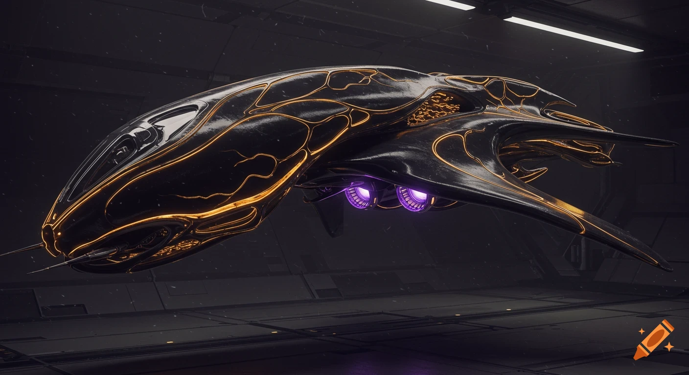 A sleek, black organic spaceship with glowing amber veins and purple engines hovers in a dark futuristic hangar.