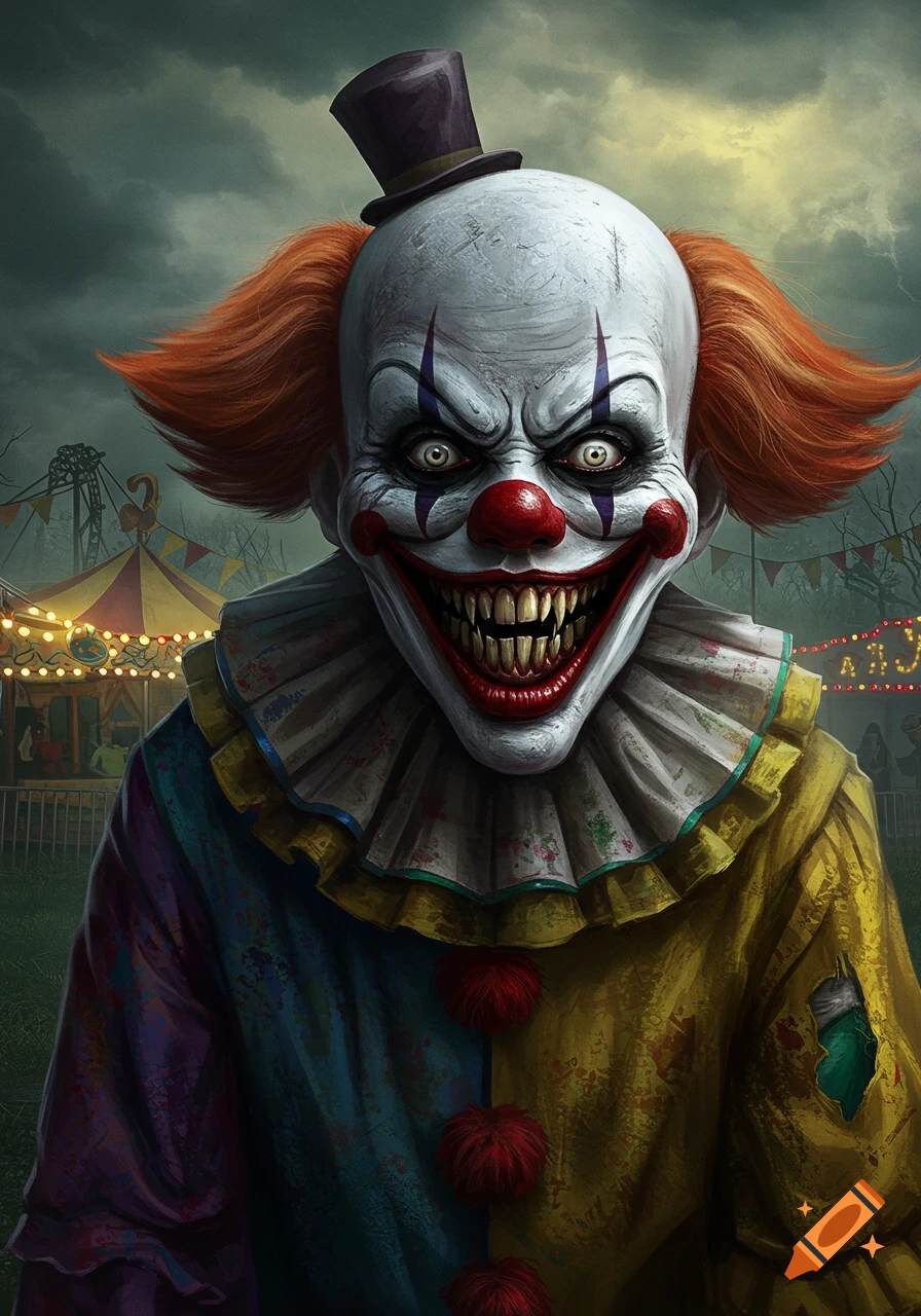 A terrifying, pale-faced clown with sharp teeth and orange hair wears a dirty, colorful outfit at a dark carnival.