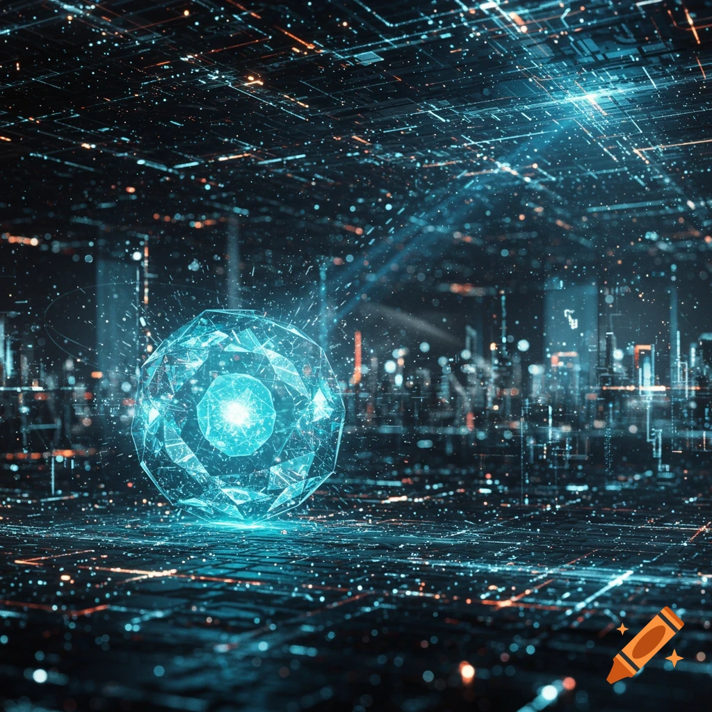 A glowing blue crystalline sphere rests on a digital network with ...