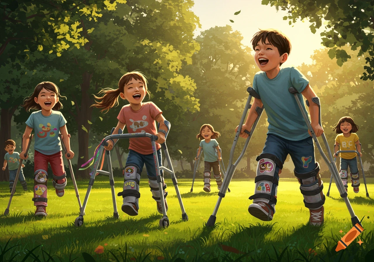 Joyful children with orthoses and crutches playing in a sunny park with green grass and trees in an illustrated style.