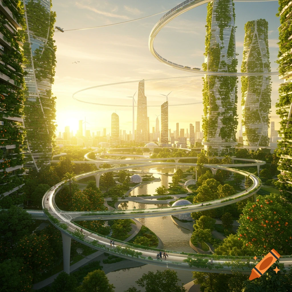 A vibrant solarpunk city at sunset, featuring lush green skyscrapers, elevated tracks, and verdant parks with rivers.