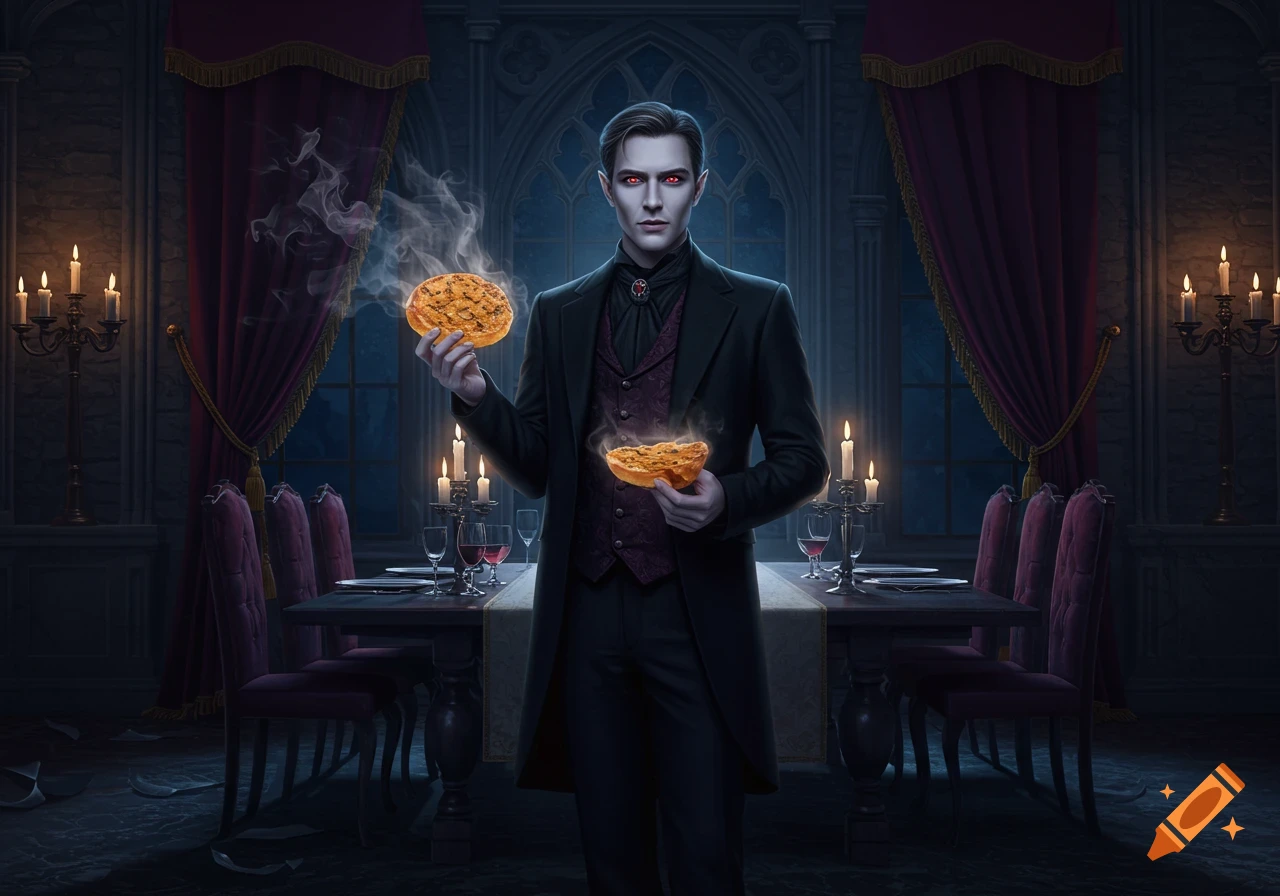 A pale vampire with red eyes in a gothic dining hall holds two steaming pieces of garlic toast.