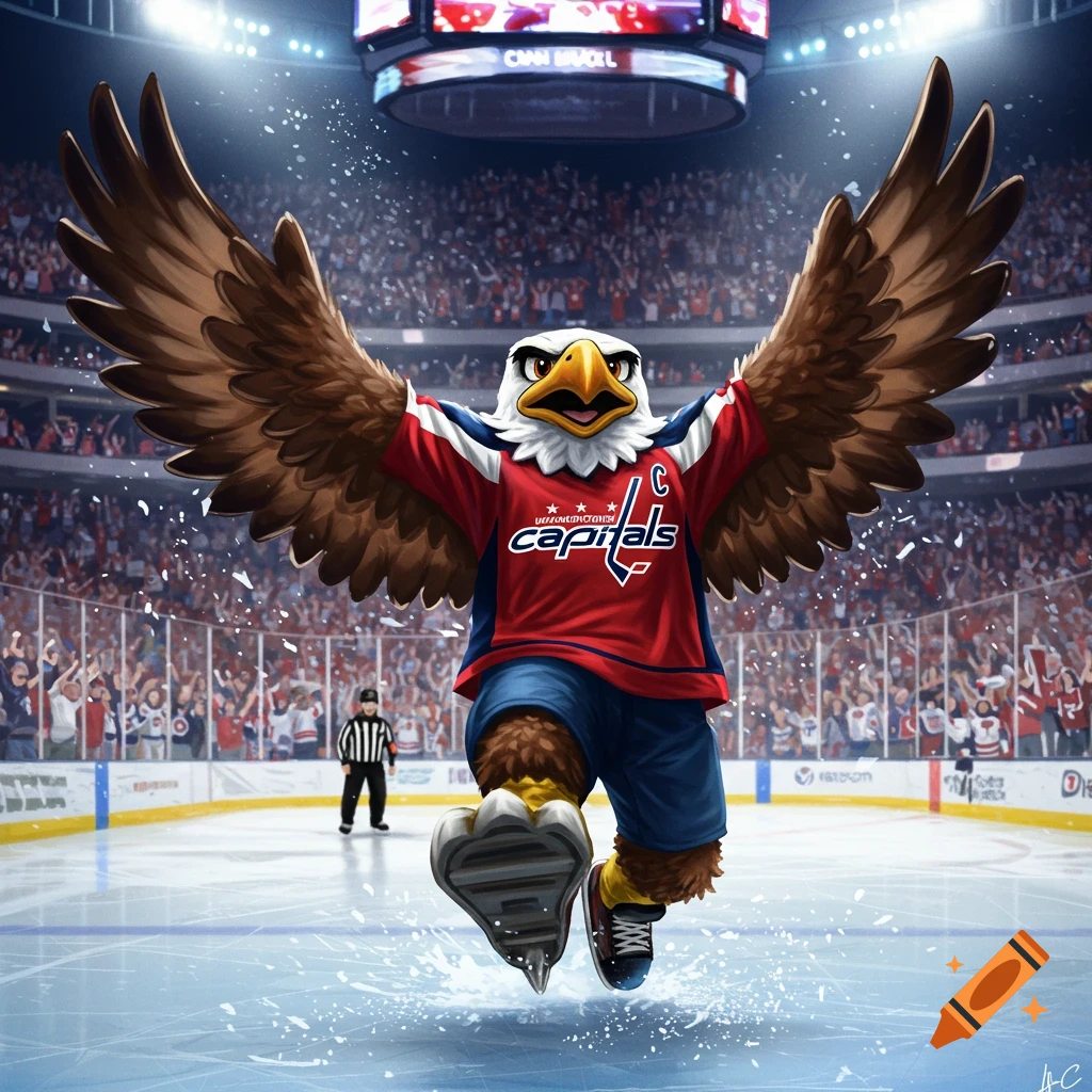 A cartoonish bald eagle mascot wearing a Washington Capitals jersey skates on an ice rink, arms spread, with a cheering crowd in the background of a hockey arena. The mascot has a large beak, brown wings, and blue shorts.
