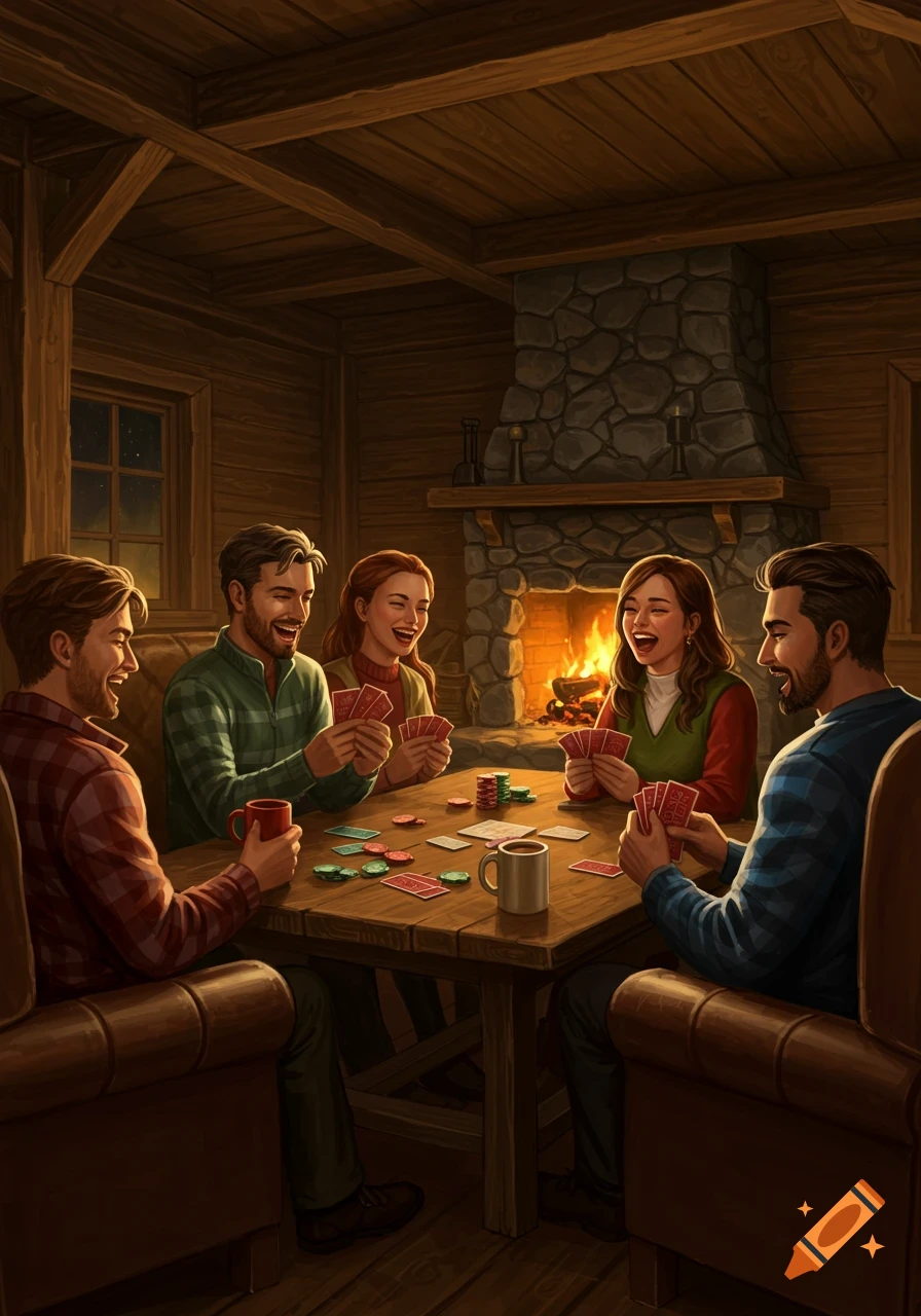 Four people, two men and two women, laugh while playing cards at a wooden table in a cozy cabin with a lit fireplace.