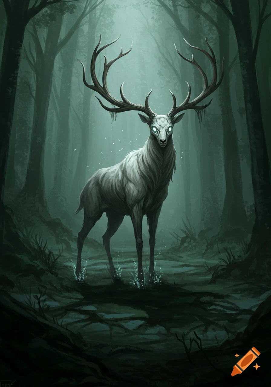 A white, spectral deer with glowing eyes and large antlers stands in a ...