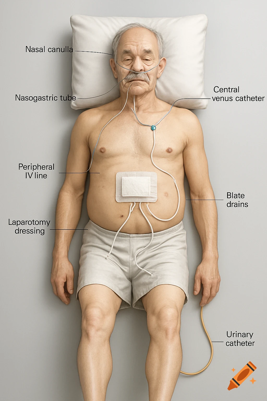 3D medical illustration of a male patient in a hospital bed with various medical tubes and dressings labeled.