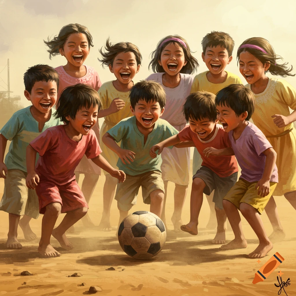 A group of happy children playing barefoot soccer on a dusty dirt field, laughing joyfully in a painterly style.