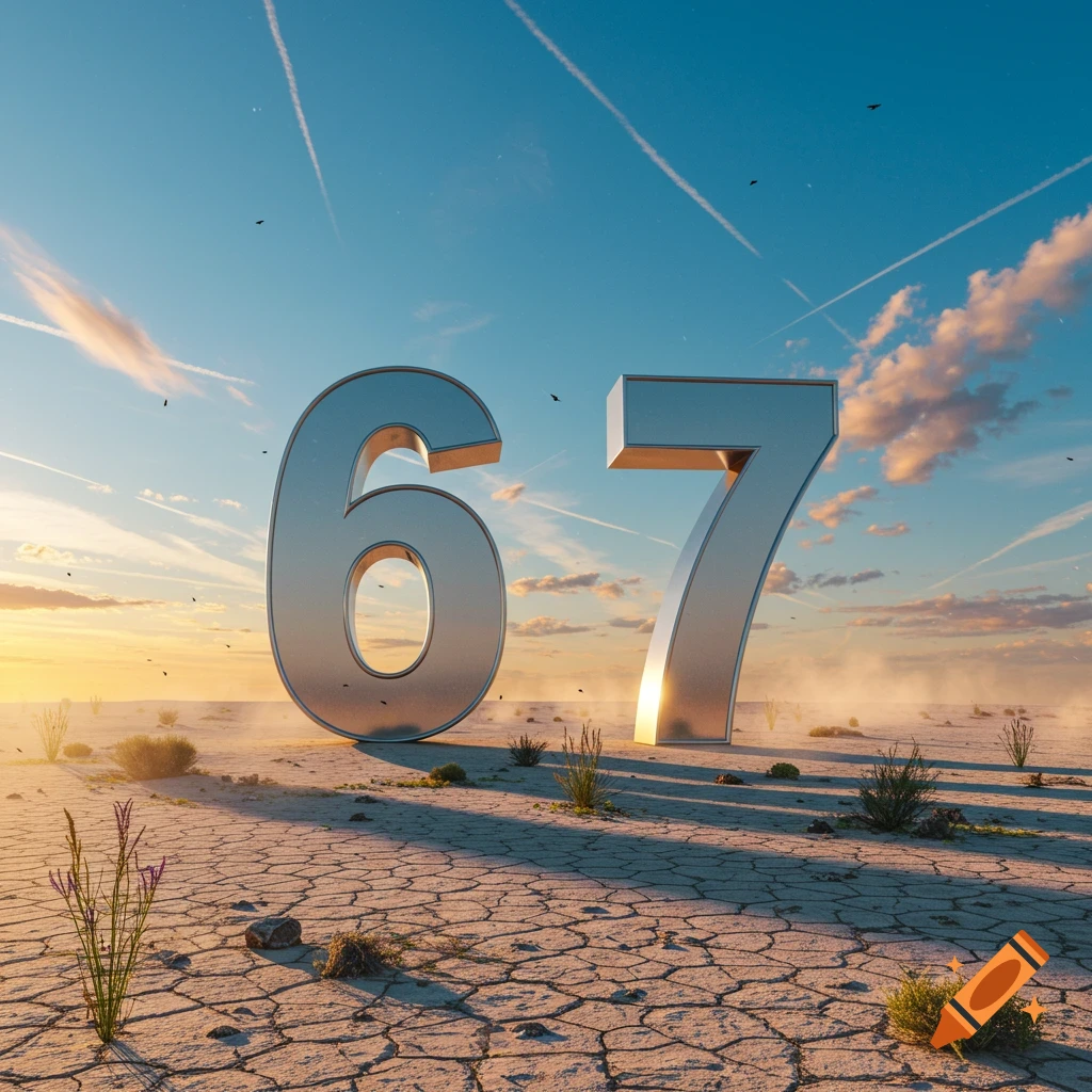 Large metallic numbers 6 and 7 stand in a cracked desert landscape under a blue sky at sunset.
