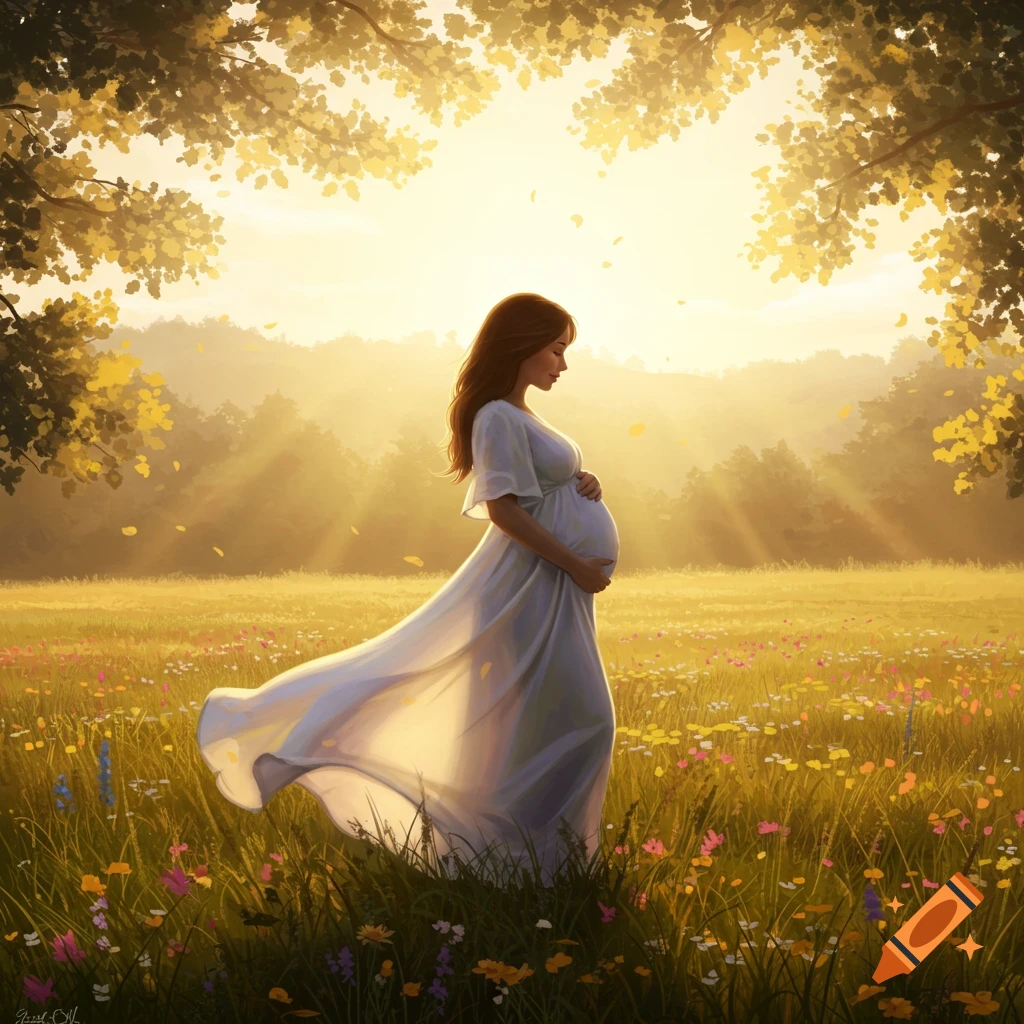 A serene pregnant woman in a flowing white dress stands in a sunlit wildflower field, surrounded by trees.