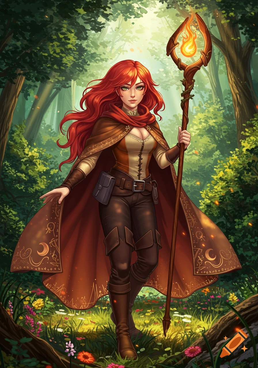 A red-haired sorceress in a brown cloak and outfit, holding a flaming staff, stands in a vibrant fantasy forest.