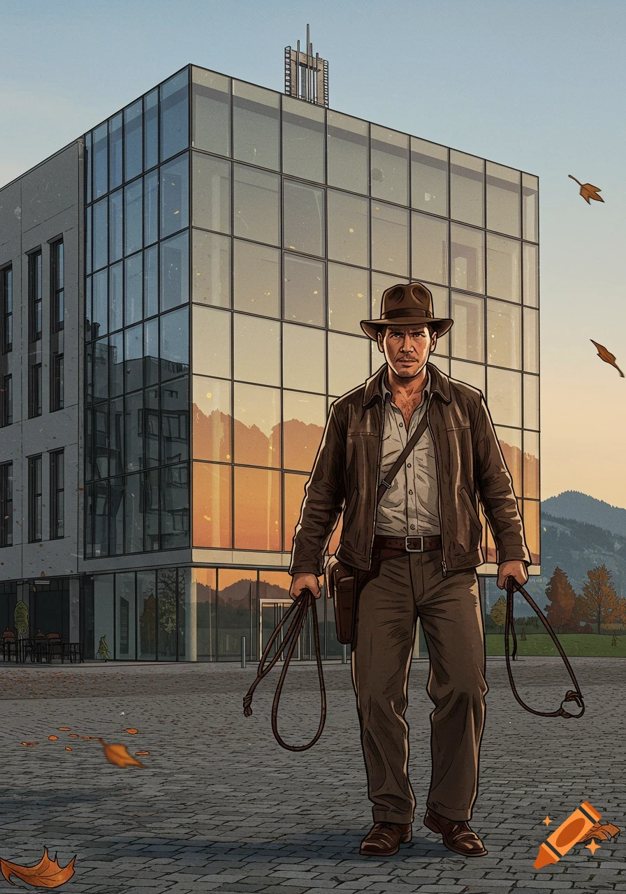 A stylized illustration of Indiana Jones holding whips, standing on a paved area in front of a modern glass building at sunset.