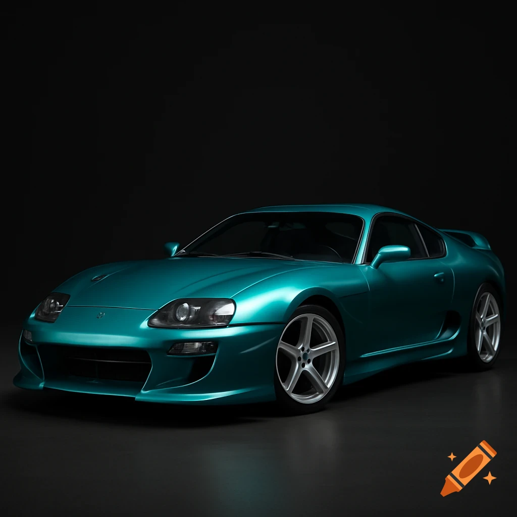 A sleek turquoise metallic 1998 Toyota Supra with a custom body kit and silver rims, photographed in a dark studio.