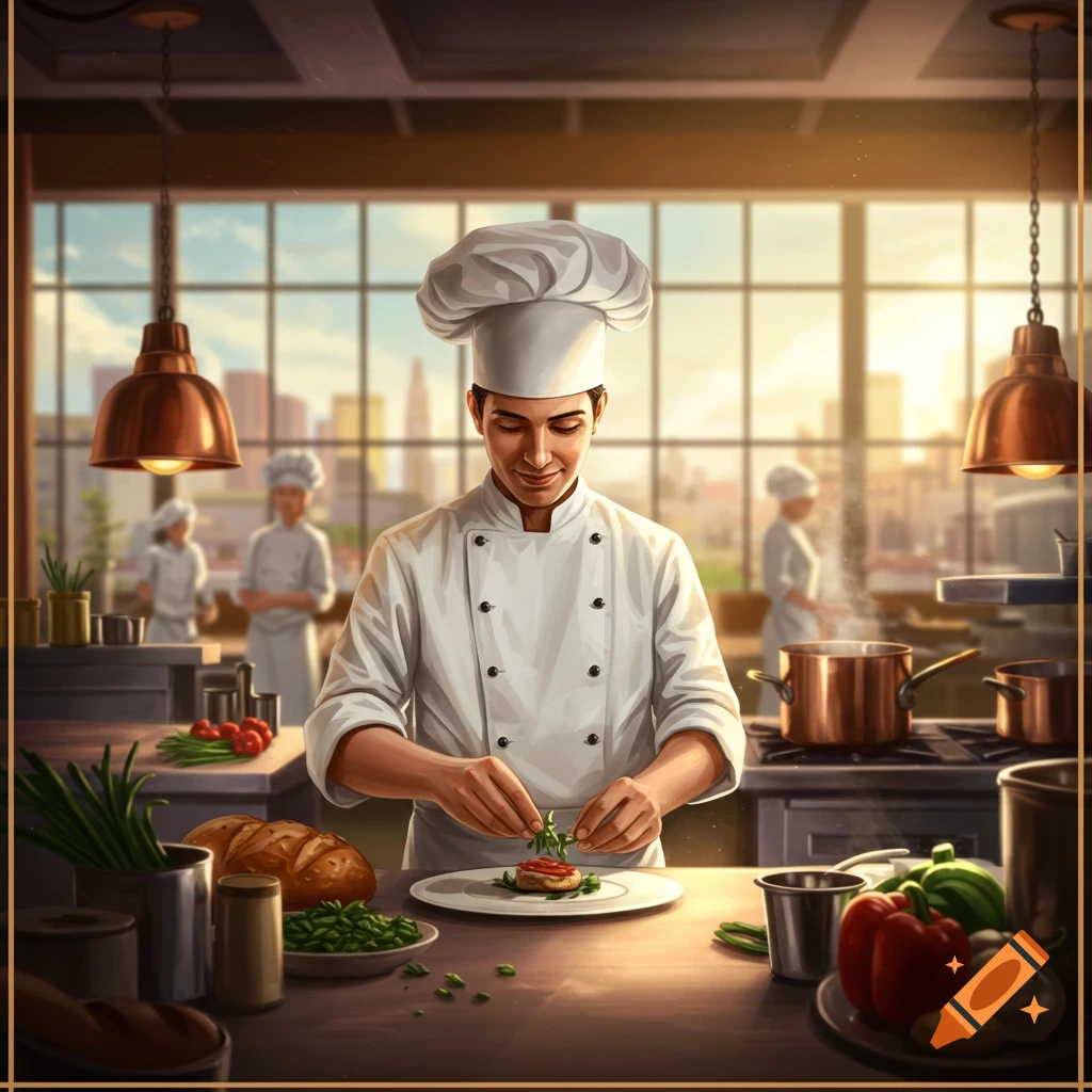 A smiling chef in a white uniform and hat carefully garnishes a dish in a bright, modern kitchen with large windows.