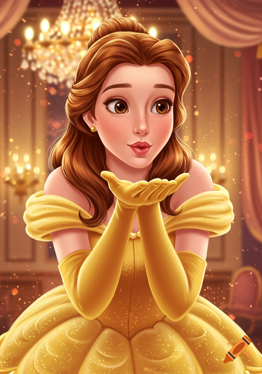 Animated Princess Belle in a yellow gown blows a kiss, sparkling in a grand hall.