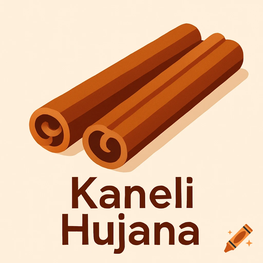 Illustration of two brown cinnamon sticks with the text 'Kaneli Hujana' on a light background.