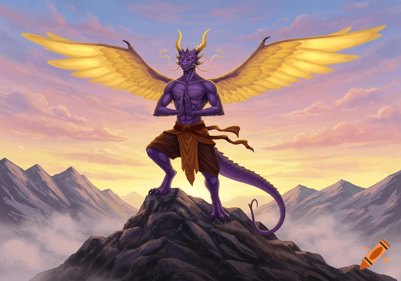 A purple winged dragon-like monk with horns meditates on a rocky mountain peak at sunset.