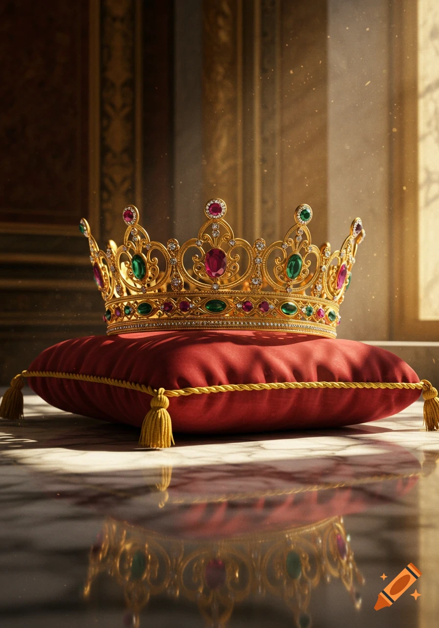 A golden crown with red and green jewels rests on a red velvet pillow, reflecting on a marble surface in a sunlit room.