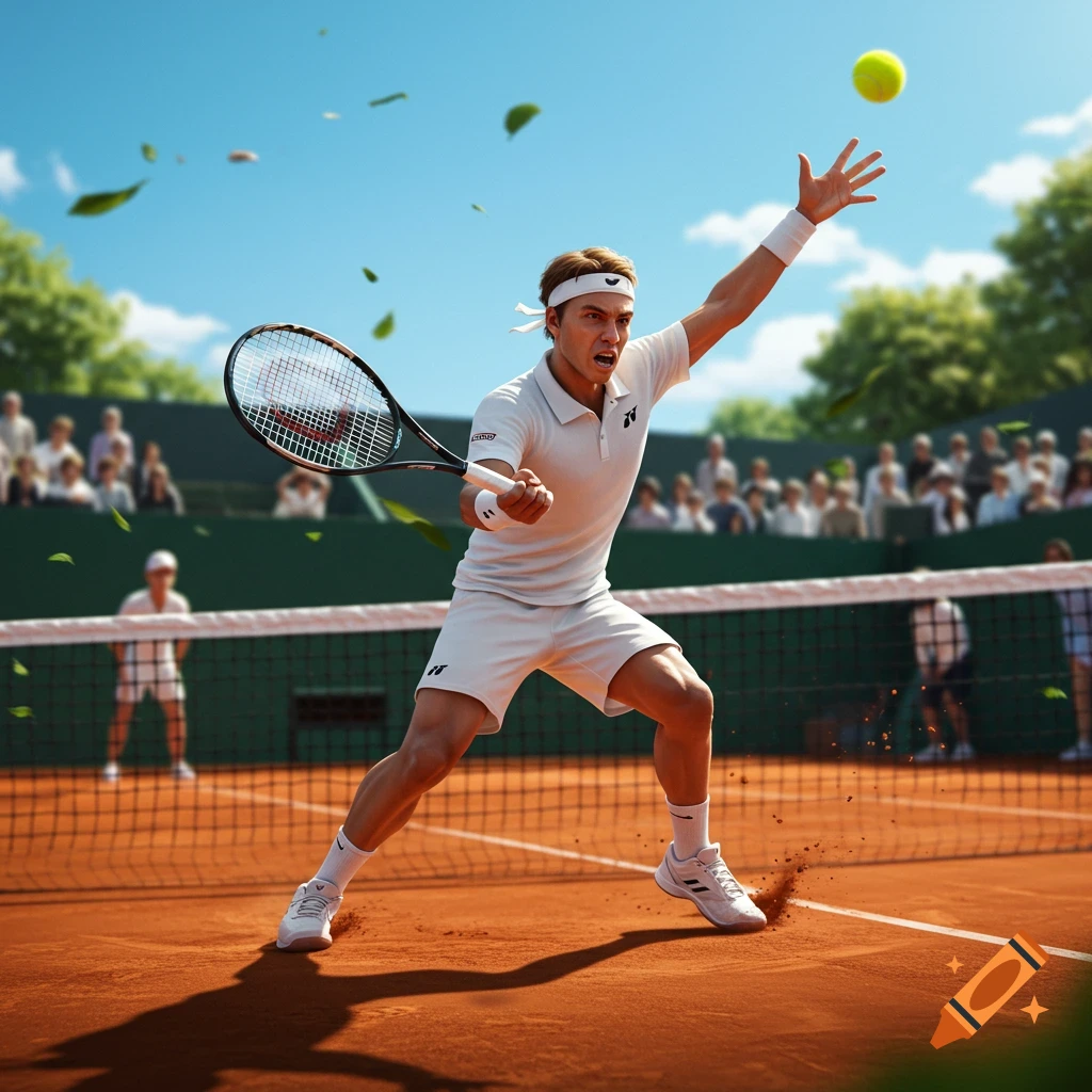 A male tennis player in white uniform hits a forehand shot on a clay court with a yellow ball, leaves flying, and spectators in the background. Photorealistic style.