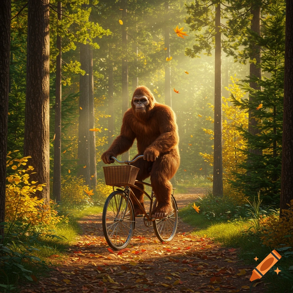 Photorealistic image of a Bigfoot riding a bicycle with a basket on a sunlit forest path with autumn leaves.