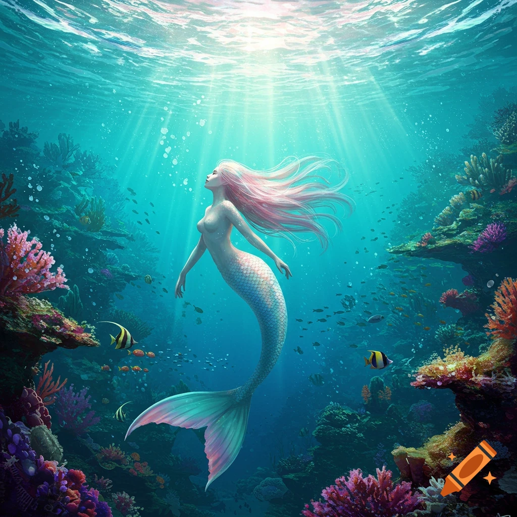 A long-haired mermaid with a pink tail swims gracefully upwards through a vibrant coral reef, lit by sunbeams.