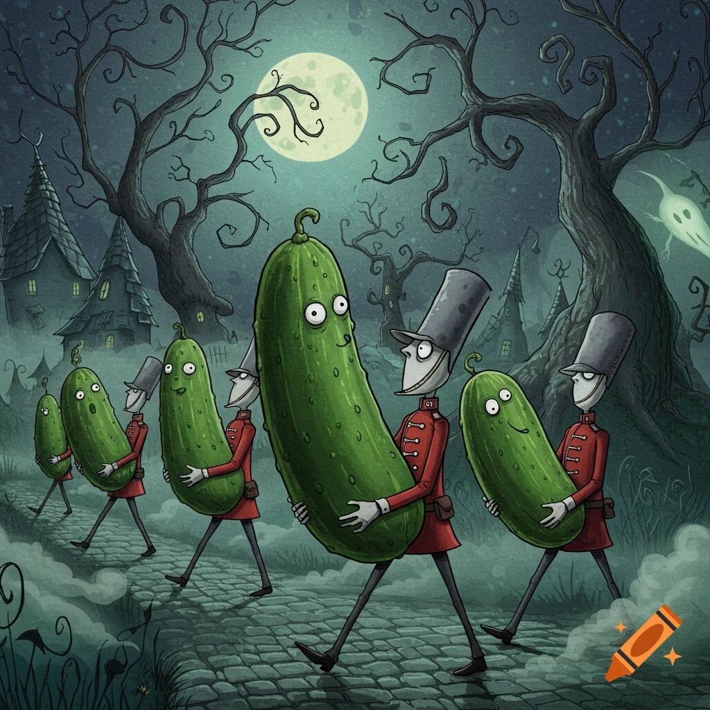 Cartoon soldiers carrying giant pickles march through a spooky, moonlit forest with haunted houses in a Tim Burton style.