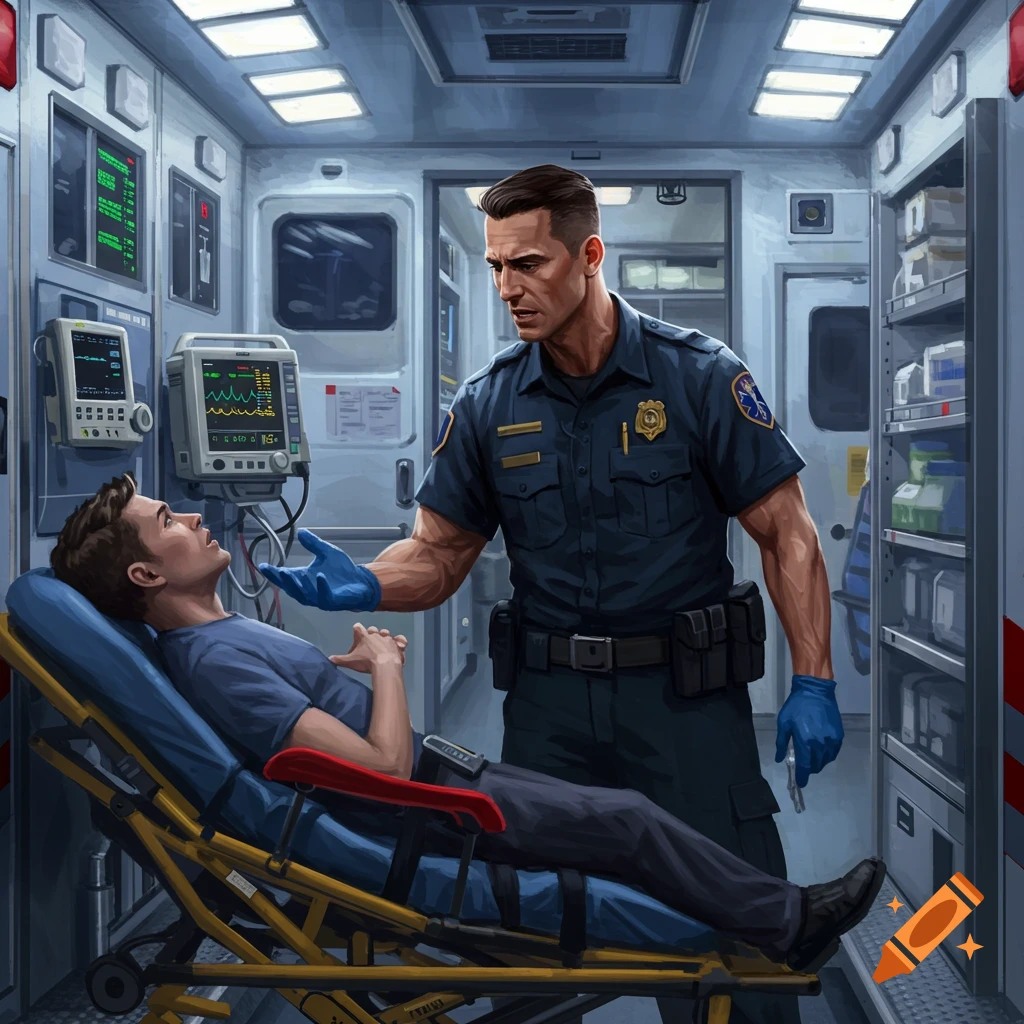 A male paramedic in uniform attends to a male patient on a stretcher inside an ambulance, with medical monitors visible.