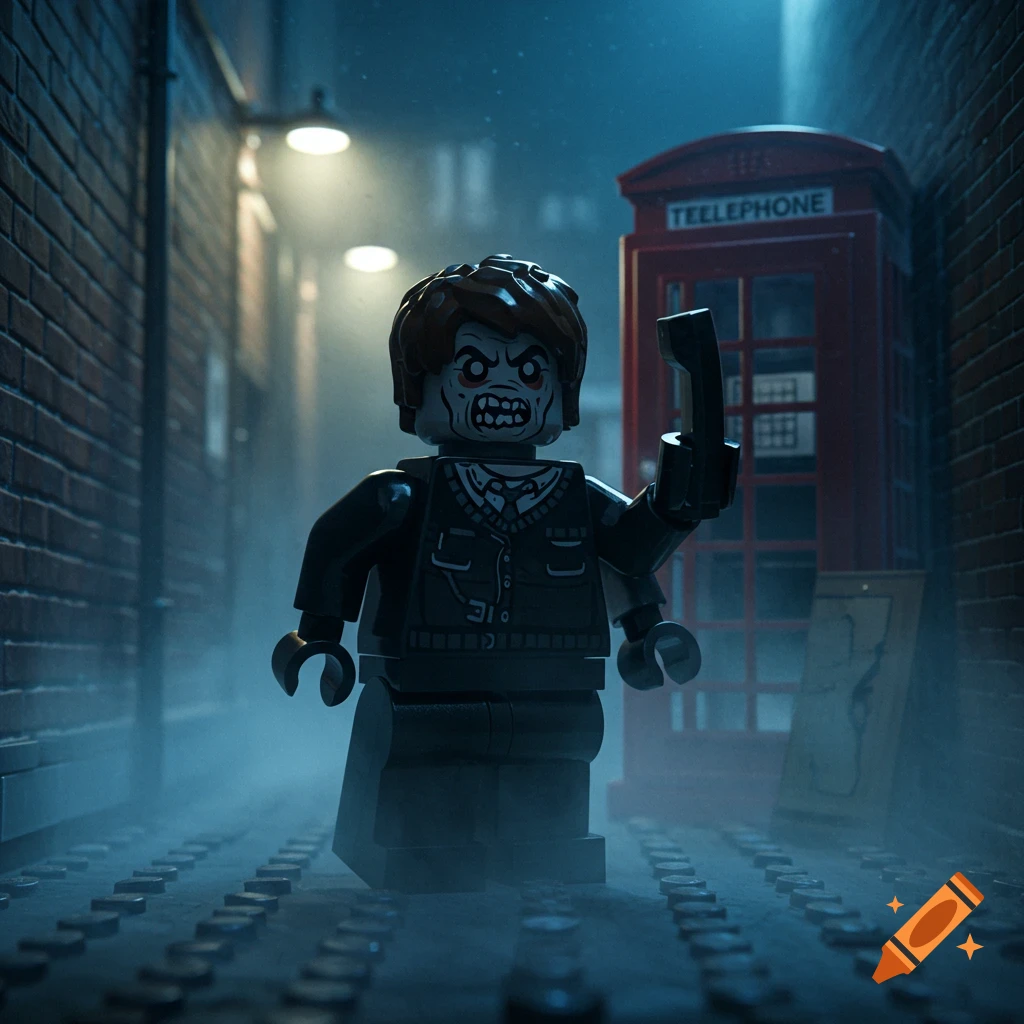 A Lego zombie minifigure holding a phone receiver stands in a foggy, dark alley with a red British telephone booth.