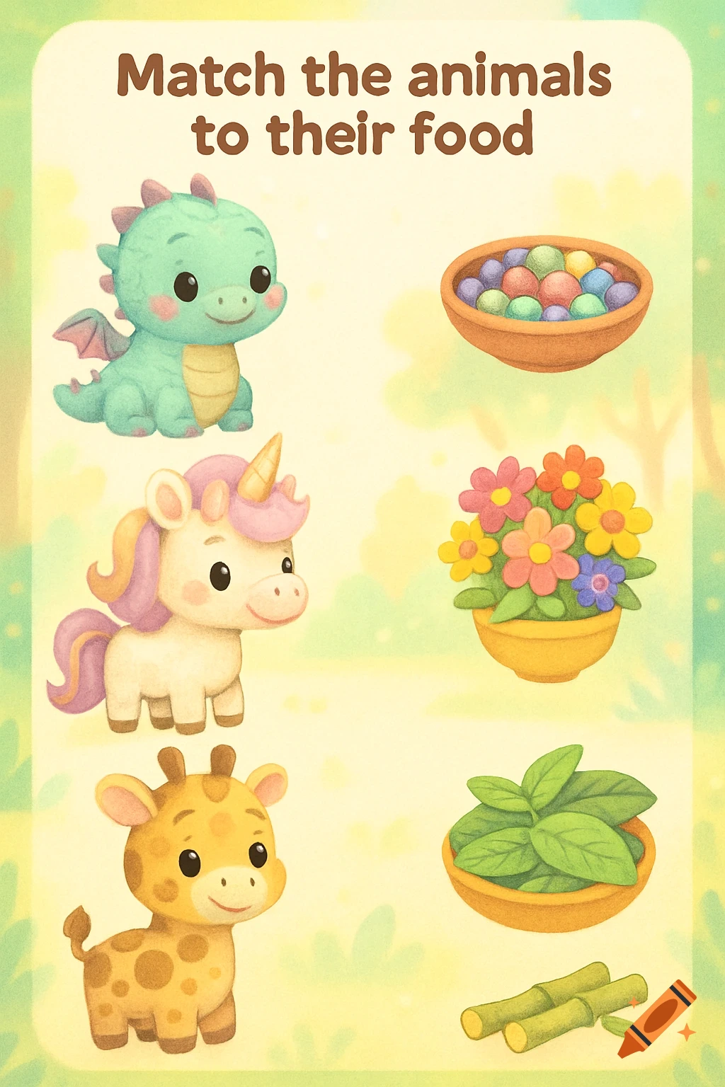 Colorful watercolor illustration of a preschool worksheet with a dragon, unicorn, and giraffe on the left, and various food items on the right.