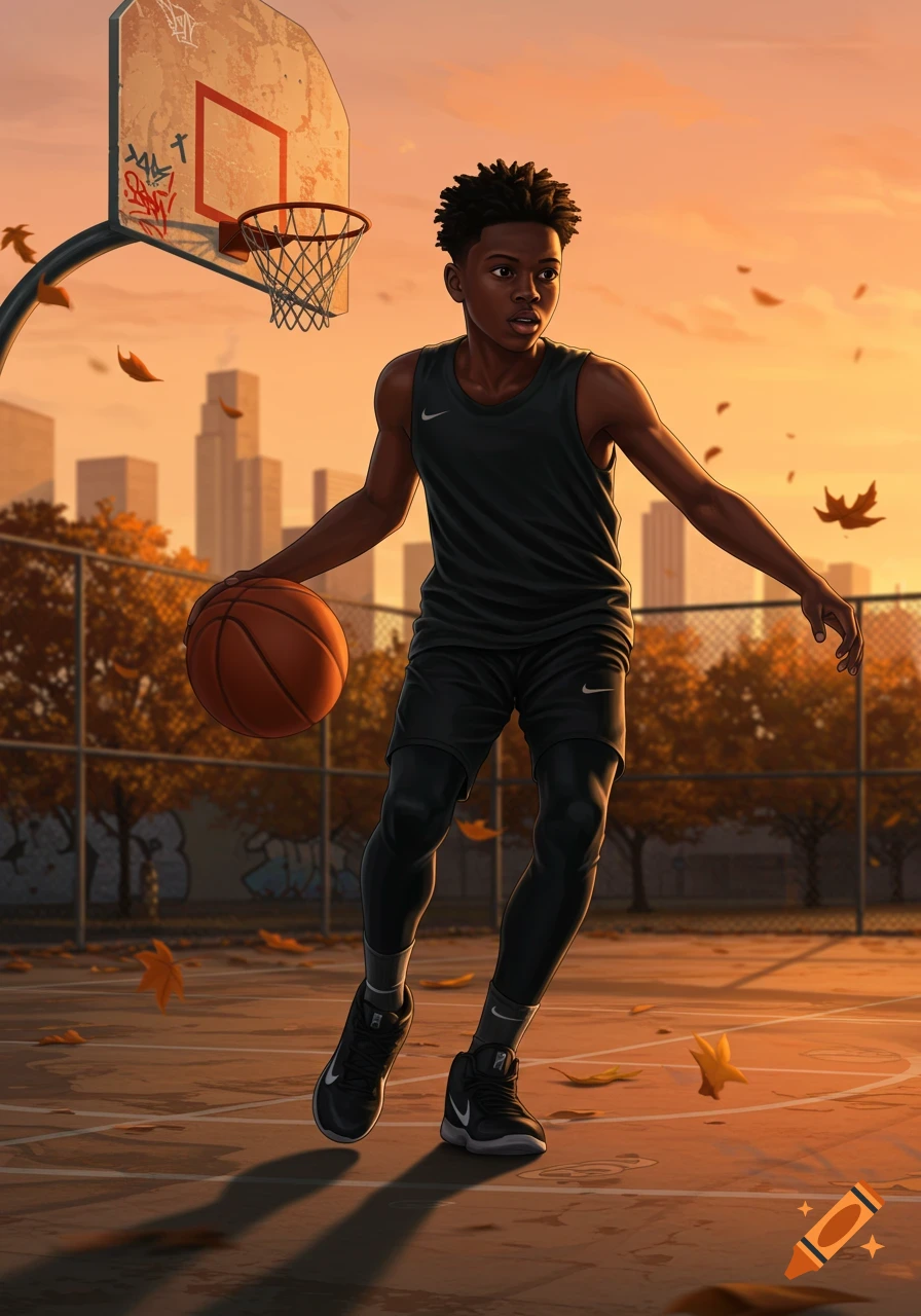 Young Black boy dribbles a basketball on an outdoor court at sunset, city skyline and autumn leaves in an illustrative style.