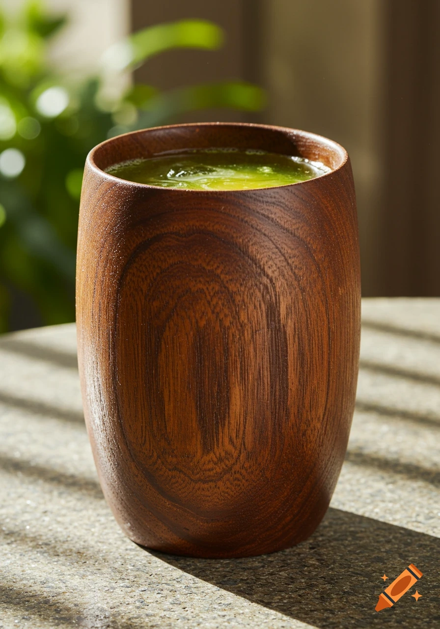 A dark brown wooden tumbler filled with a glossy yellow-green liquid sits on a textured surface in dappled sunlight.