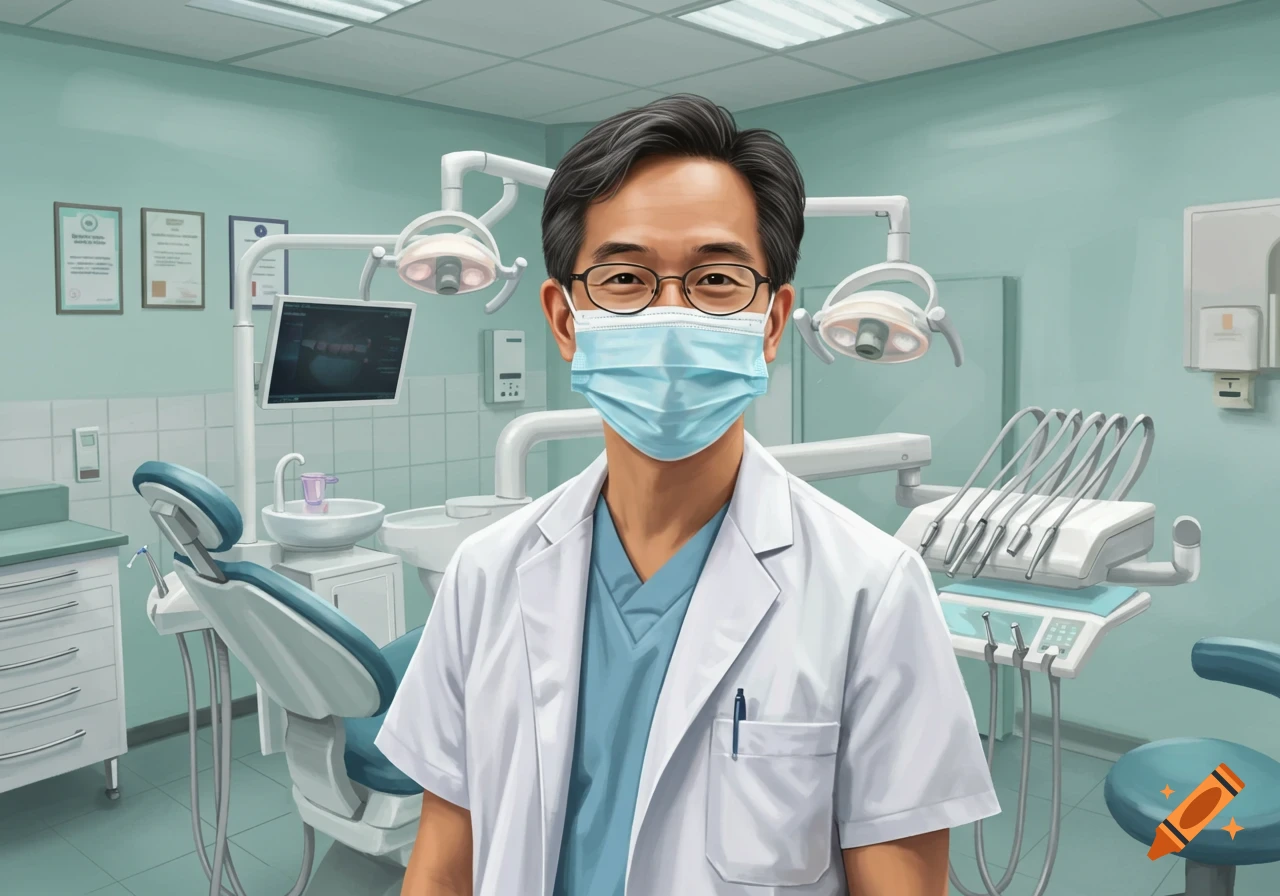 An Asian male dentist, wearing a mask and glasses, stands in a dental office with equipment, illustrated.