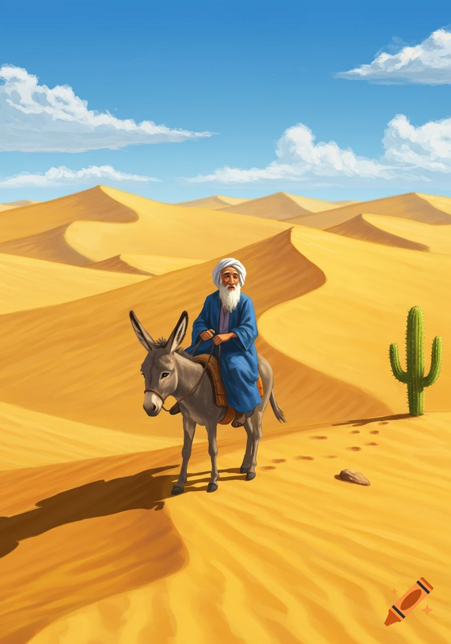 An old man with a white beard and turban rides a donkey through a sandy desert with dunes and a single cactus under a blue sky.