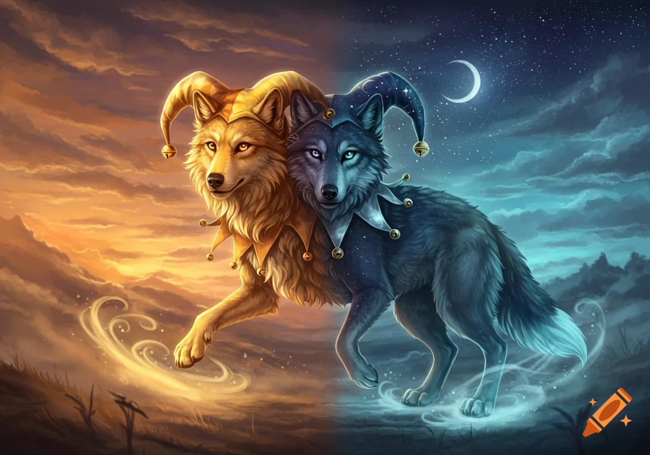 A merged wolf creature, one side golden-brown under a sunset, the other blue-gray under a starry night, both wearing jester hats.