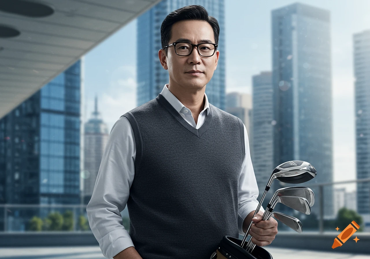 Middle-aged Asian man in glasses, a white shirt, and grey vest holding golf clubs in front of a modern city skyline.