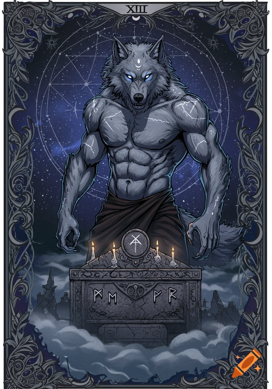 Tarot card illustration of a muscular werewolf with glowing blue eyes, standing over a runic altar against a starry night.