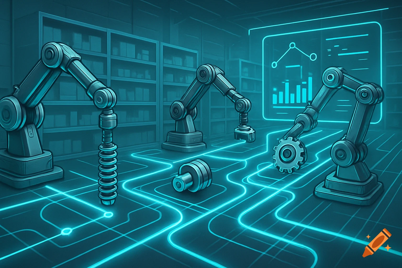 Robotic arms on a platform with glowing blue circuits and a data display in a futuristic industrial facility.